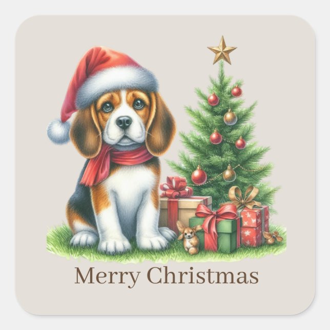 Cute Merry Christmas puppy customisable  Square Sticker (Front)
