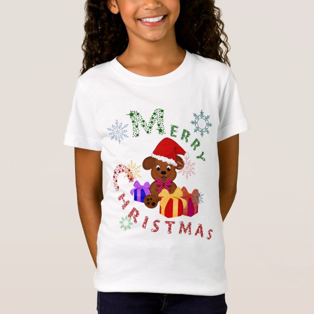 Cute Merry Christmas Puppy Gifts and Snowflakes T-Shirt (Front)