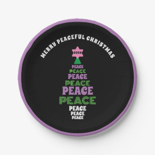 Cute Merry Christmas Purple and Green Peace Tree Paper Plate