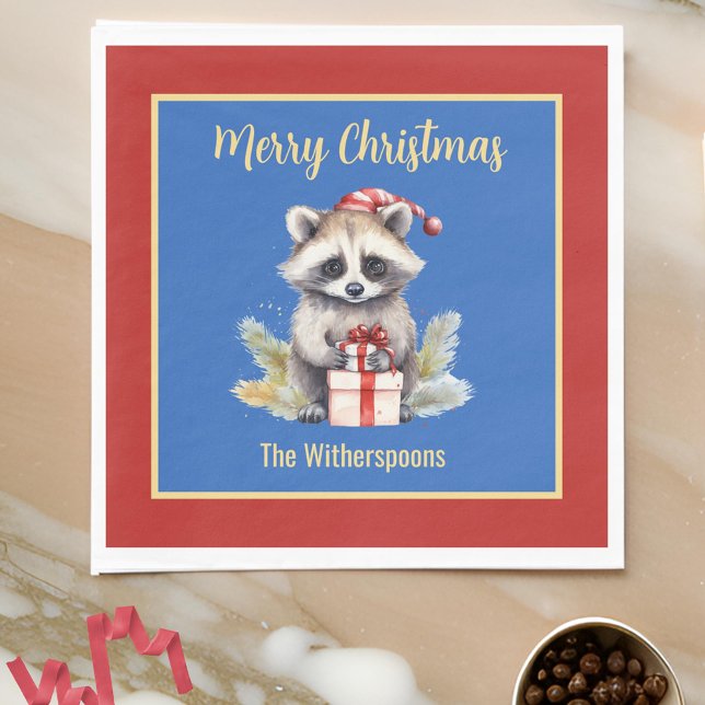 Cute Merry Christmas Racoon w Santa Hat Wildlife Napkin (Creator Uploaded)