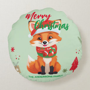 Cute merry Christmas red fox Santa Scarf holiday Round Cushion