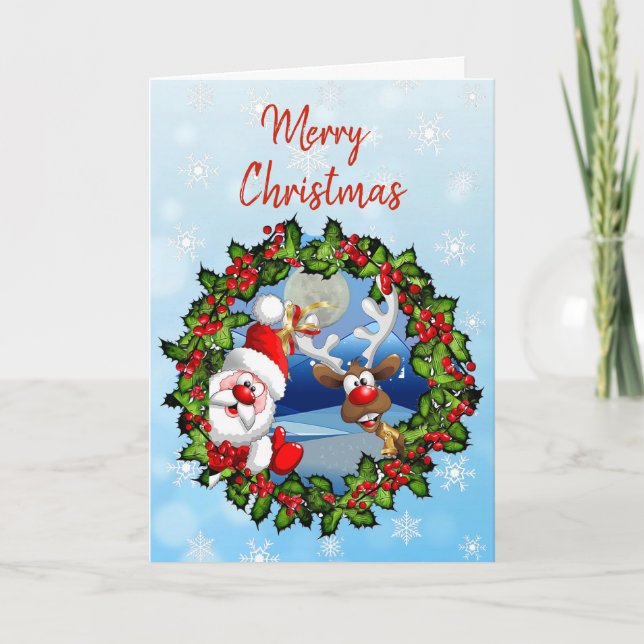Cute Merry Christmas Reindeer and Santa Claus Card (Front)