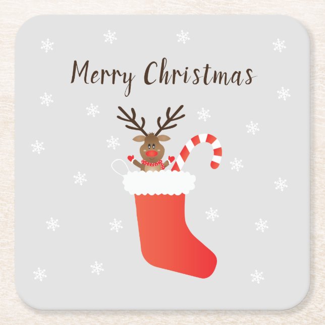 Cute Merry Christmas Reindeer In A Stocking Red Square Paper Coaster (Front)