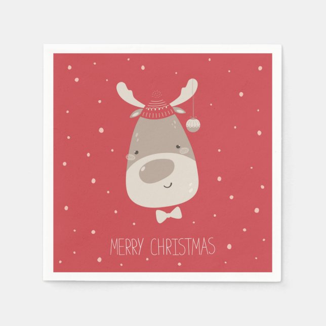 Cute Merry Christmas Reindeer Modern Holiday Napkin (Front)