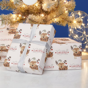 Cute Merry Christmas Script Reindeer  Wrapping Paper