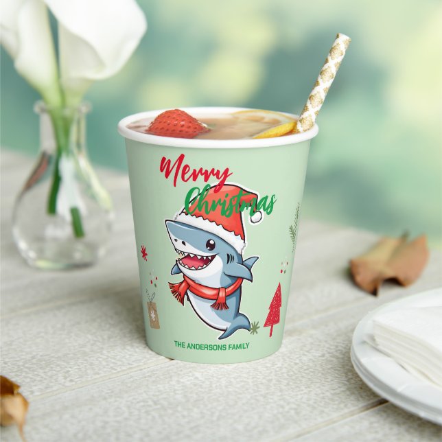 Cute merry Christmas shark fish Santa hat holiday Paper Cups (Insitu)