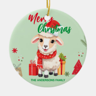 Cute merry Christmas Sheep Ram Santa Scarf holiday Ceramic Tree Decoration