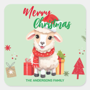 Cute merry Christmas Sheep Ram Santa Scarf holiday Square Sticker