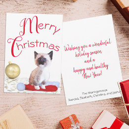 Cute Merry Christmas Siamese Kitten Santa Hat Holiday Card