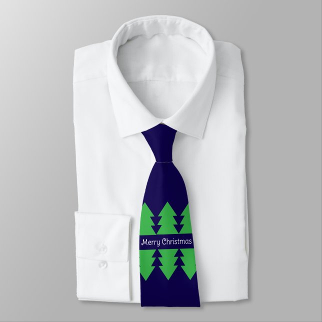 Cute Merry Christmas Simple Tree Design Blue Tie (Tied)