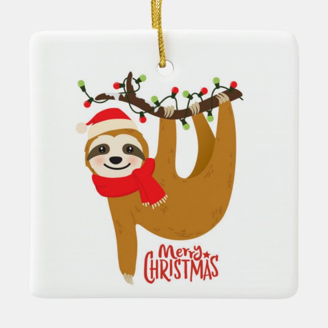 Cute Merry Christmas Sloth Ceramic Ornament (Front)