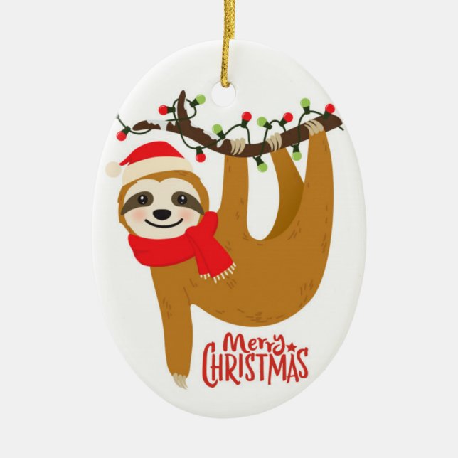 Cute Merry Christmas Sloth Ceramic Tree Decoration (Front)