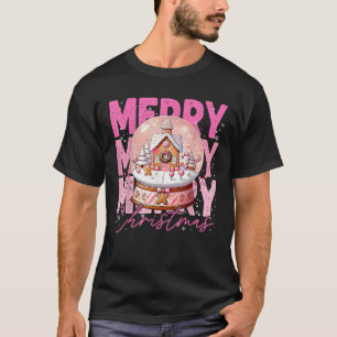 Cute Merry Christmas Snow Globe Pink Gingerbread H T-Shirt