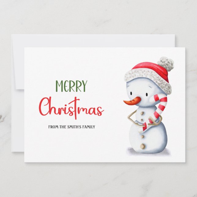 Cute Merry Christmas Snowman Candy Cane Holiday Card (Front)