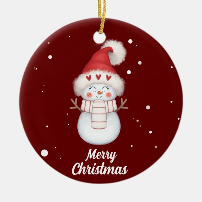 Cute Merry Christmas Snowman  ceramic ornament (Front)