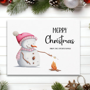 Cute Merry Christmas Snowman Marshmallows Postcard