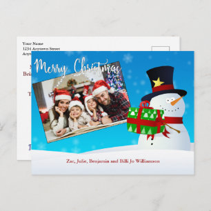 Cute Merry Christmas Snowman With Gift Your Photo Postcard