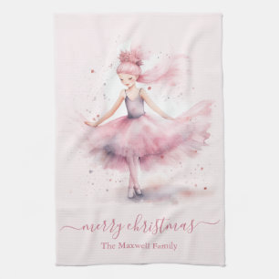 Cute merry christmas soft pink ballerina  tea towel