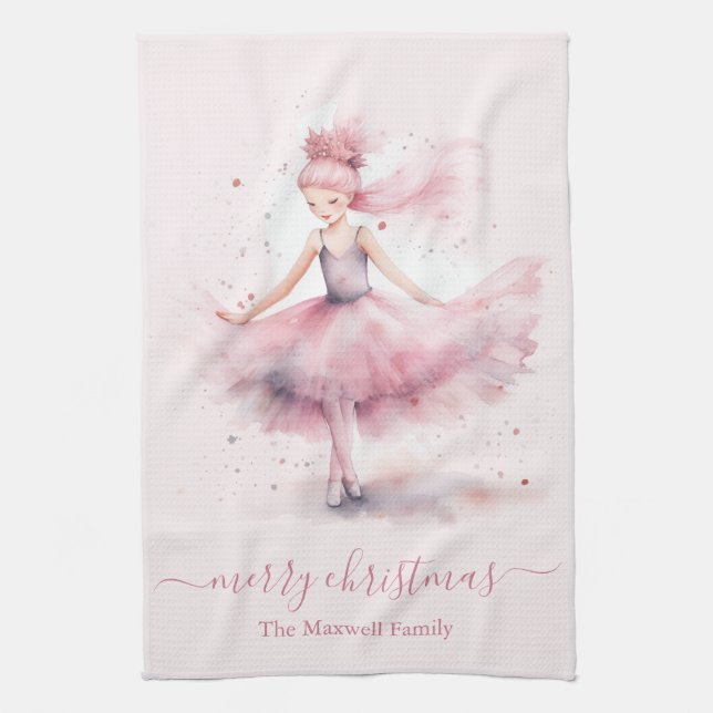 Cute merry christmas soft pink ballerina  tea towel (Vertical)