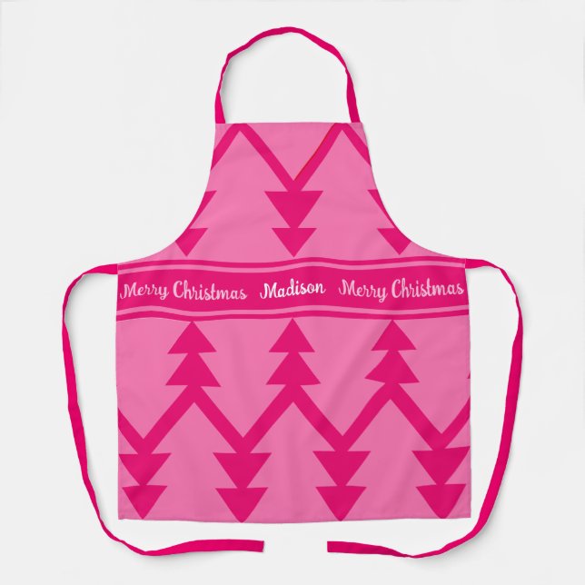Cute Merry Christmas Trees Custom Name Pink Apron (Front)
