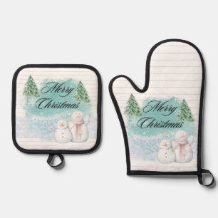 Cute Merry Christmas with Snowman Christmas Tree Oven Mitt & Pot Holder Set