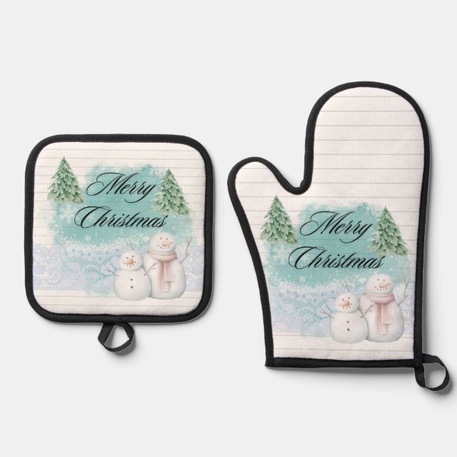 Cute Merry Christmas with Snowman Christmas Tree Oven Mitt & Pot Holder Set (Front)