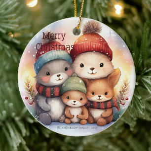 Cute Merry Christmas Woodland Animal Family Ceramic Tree Decoration