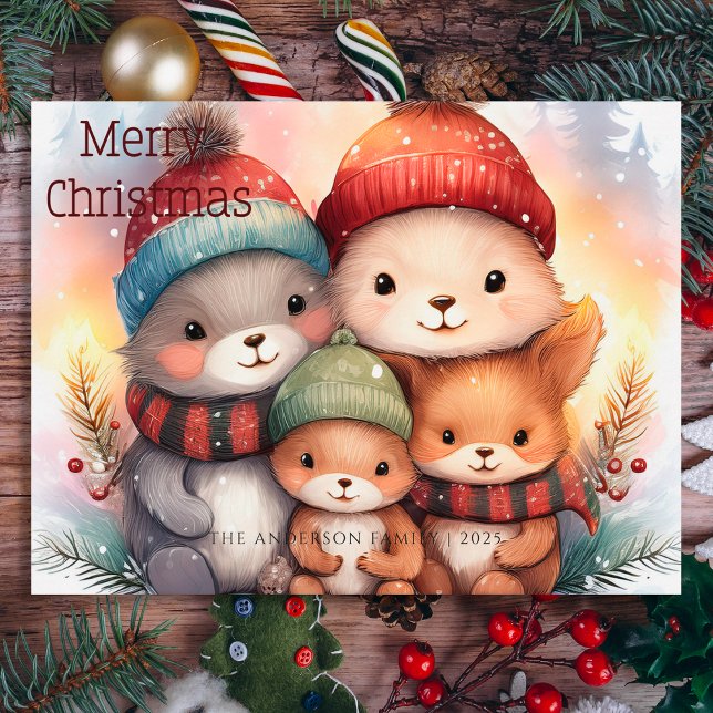 Cute Merry Christmas Woodland Animal Family  Holiday Postcard (Creator Uploaded)