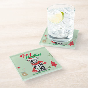 Cute merry Christmas Zebra Santa Scarf holiday Glass Coaster