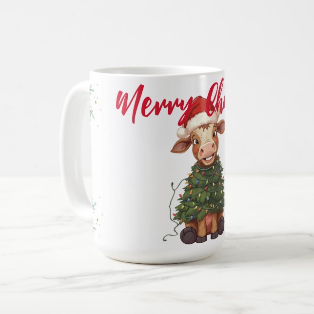 Cute merry Cow Christmas tree calf ox Xmas pattern Coffee Mug (Front Left)