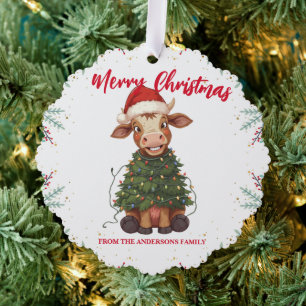 Cute merry Cow Christmas tree calf ox Xmas pattern Decoration Card