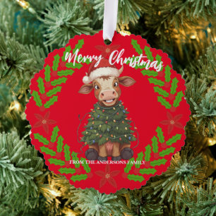 Cute merry Cow Christmas tree calf ox Xmas pattern Decoration Card