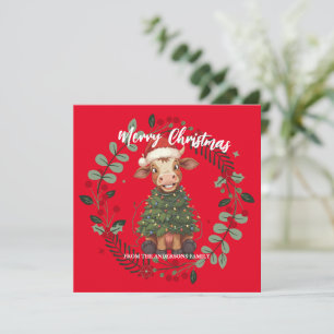 Cute merry Cow Christmas tree calf ox Xmas pattern Holiday Card
