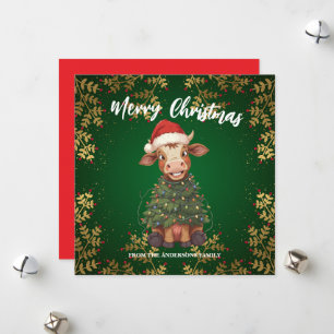 Cute merry Cow Christmas tree calf ox Xmas pattern Holiday Card