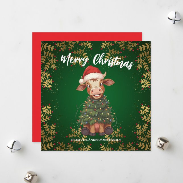 Cute merry Cow Christmas tree calf ox Xmas pattern Holiday Card (Front/Back In Situ)
