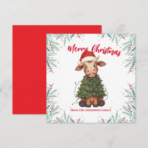 Cute merry Cow Christmas tree calf ox Xmas pattern Holiday Card