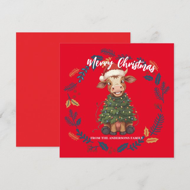 Cute merry Cow Christmas tree calf ox Xmas pattern Holiday Card (Front/Back)