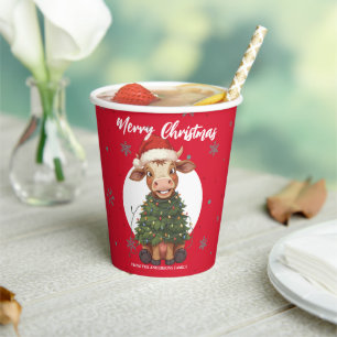 Cute merry Cow christmas tree calf ox Xmas pattern Paper Cups