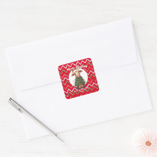 Cute merry Cow Christmas tree calf ox Xmas pattern Square Sticker (Envelope)