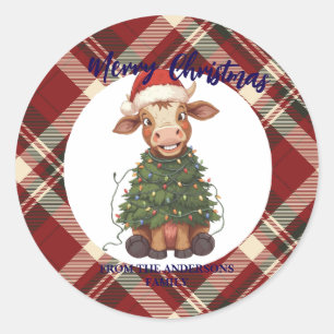 Cute merry Cow Christmas tree calf ox Xmas plaid Classic Round Sticker