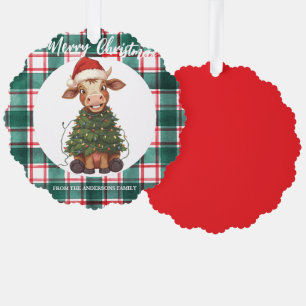 Cute merry Cow Christmas tree calf ox Xmas plaid Decoration Card