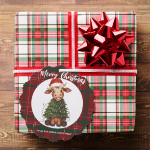 Cute merry Cow Christmas tree calf ox Xmas plaid Decoration Card