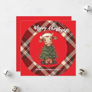 Cute merry Cow Christmas tree calf ox Xmas plaid Holiday Card