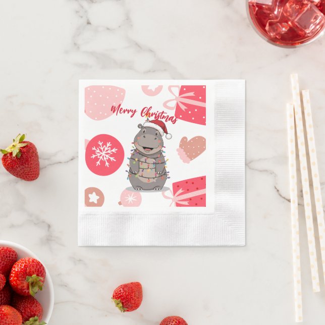 Cute merry Hippo christmas tree zoo safari Xmas  Napkin (Insitu)
