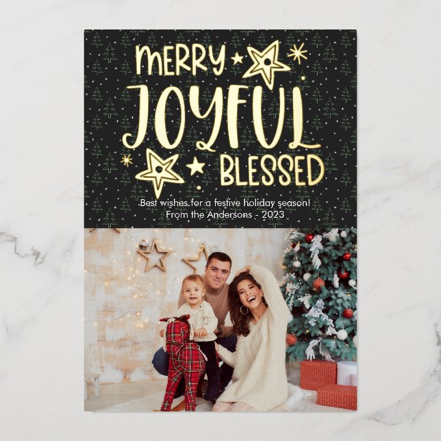 Cute Merry Joyful Blessed Photo Foil Holiday Card (Front)