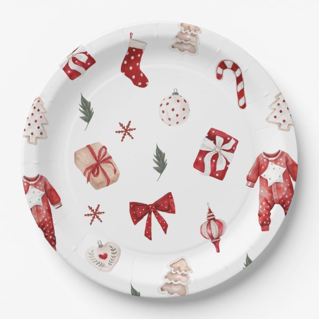 Cute Merry Little Red Winter Christmas Baby Shower Paper Plate (Front)