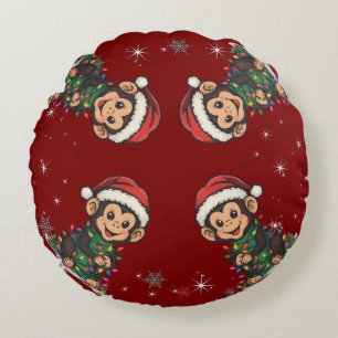 Cute merry monkey Christmas tree safari Xmas Round Cushion