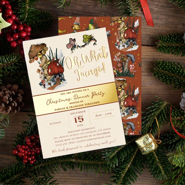 Cute Merry Mushroom House Christmas Holiday Party  (Real Gold Foil Magical Mushroom Christmas Dinner Party Invitations)