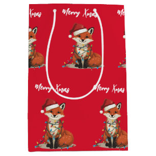 Cute merry red fox Christmas tree zoo safari Xmas Medium Gift Bag