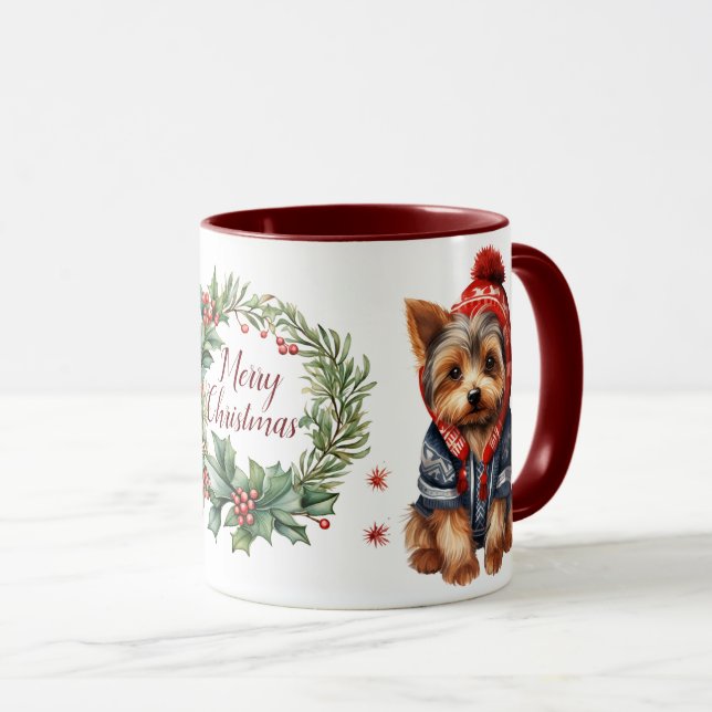 Cute Merry Yorkshire Terrier Dog Christmas Mug (Front Right)